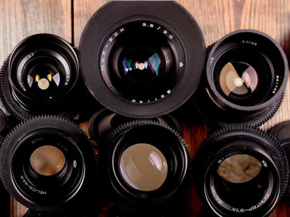 Set of 6 vintage Soviet lenses, showcasing a variety of classic optics with unique design and craftsmanship.
