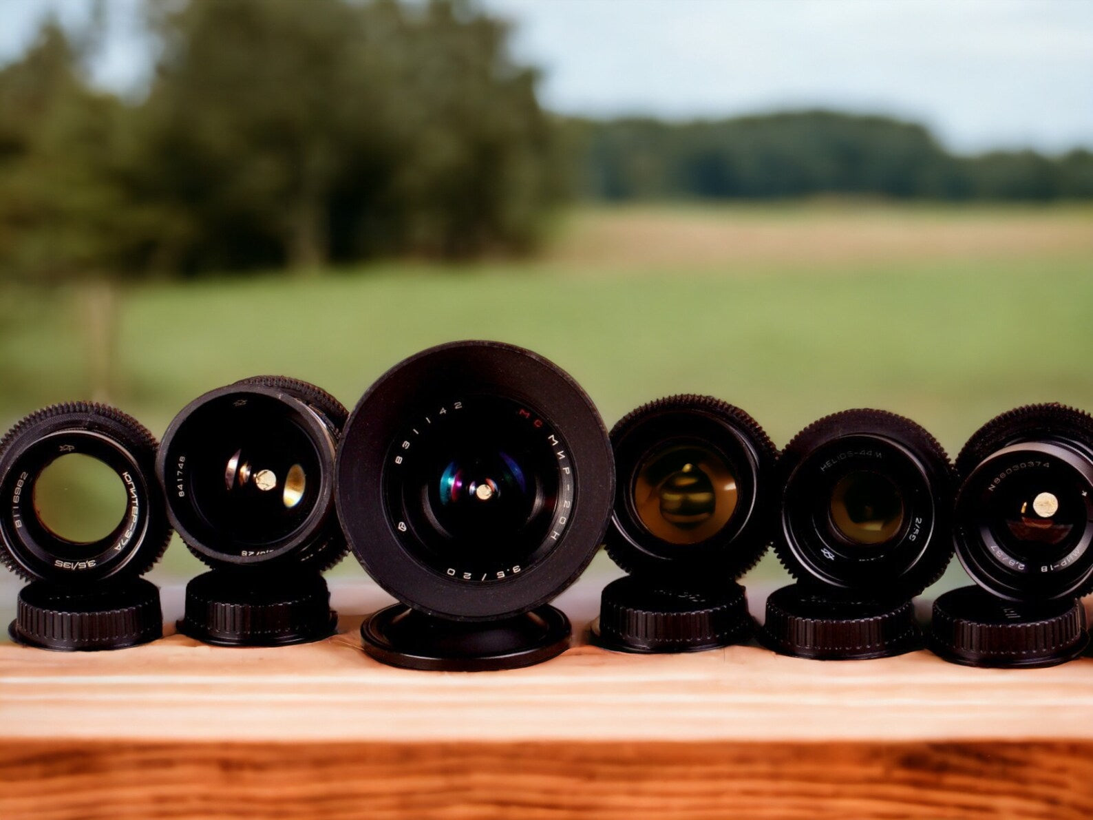 Set of 6 vintage Soviet lenses, showcasing a variety of classic optics with unique design and craftsmanship.